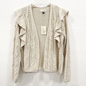 Universal Thread Ruffle Shoulder Open Knit Cream Cardigan Sweater Cotton M New